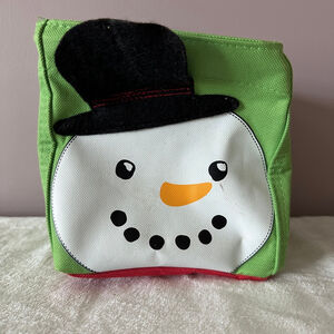 Thirty-One Snowman Fabric Bin Holiday Decor Green Red Gift Storage Bag